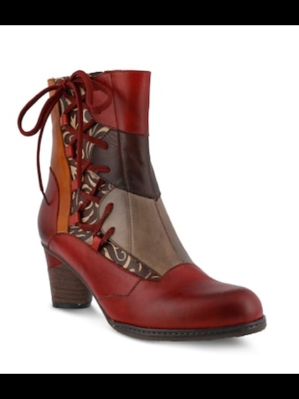 LE'ARTISTE Red Multi-Panel Lace-Up Ankle Boots with Brown and Tan Accents